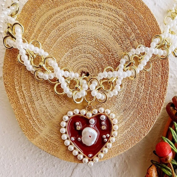 “Red Heart Sea of Pearls” Flake Shard Float Drift Love Romance Ocean Necklace - Picture 13 of 16